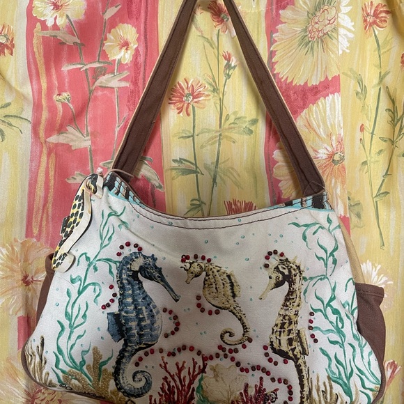 Handbags - Seahorse Beaded & Painted Sea Horses Women's Kate McRostie Bag - Brown & Cream
